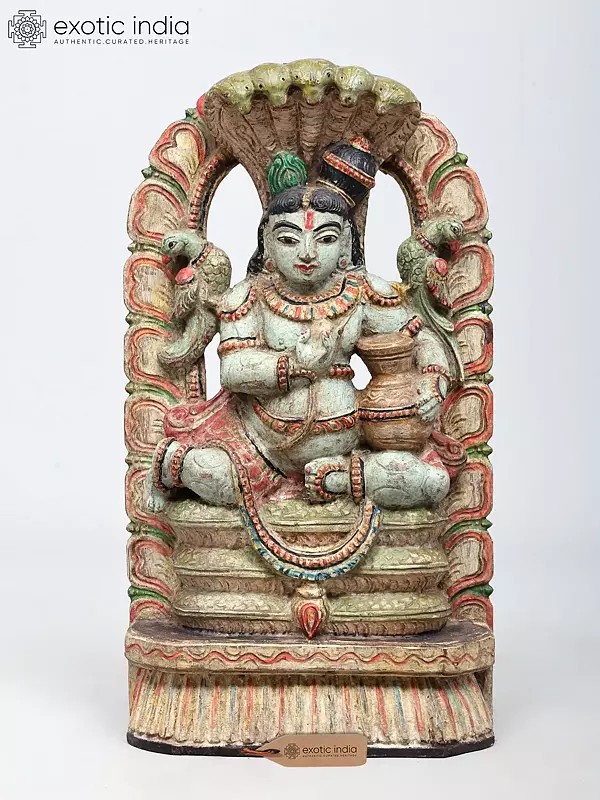 24'' Hindu God Butter Krishna Seated On Sheshnag | Wood Carved Statue