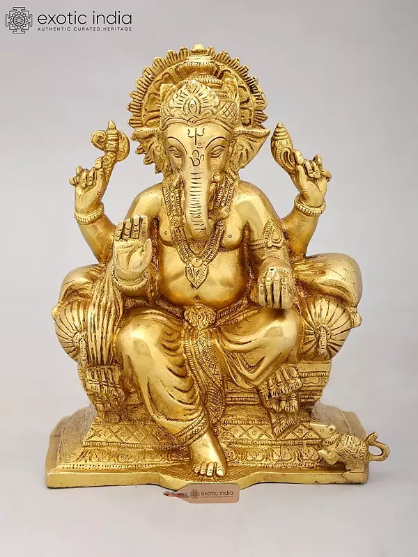 9" Brass Lord Ganesha Statue Seated on Throne | Handmade | Made in India