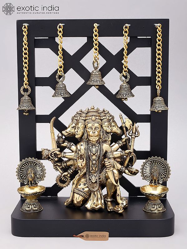 12" Ten Armed Panchamukhi Hanuman Seated on Designer Wood Frame