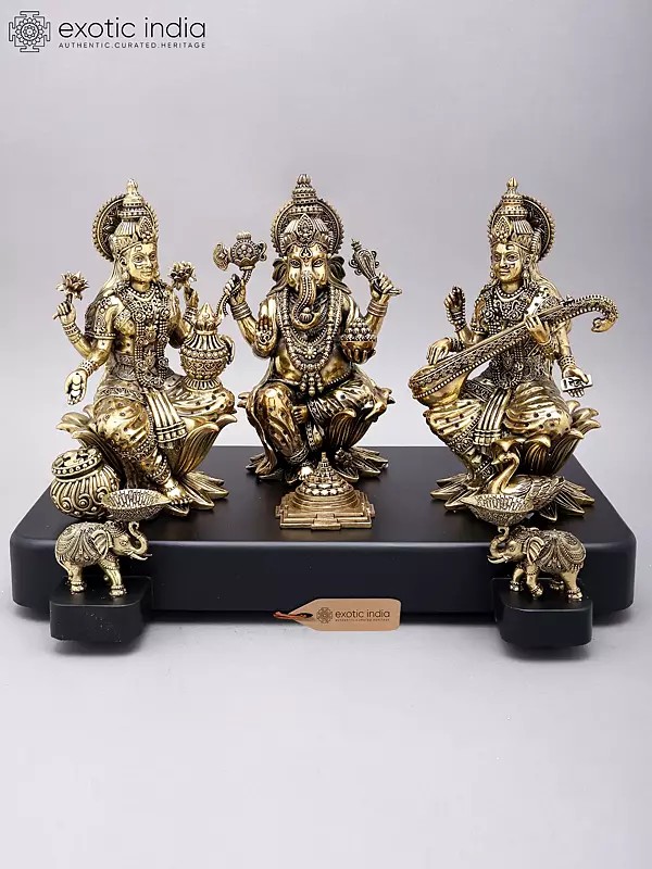 12" Superfine Lakshmi Ganesha Saraswati Brass Idols Seated on Wood Base