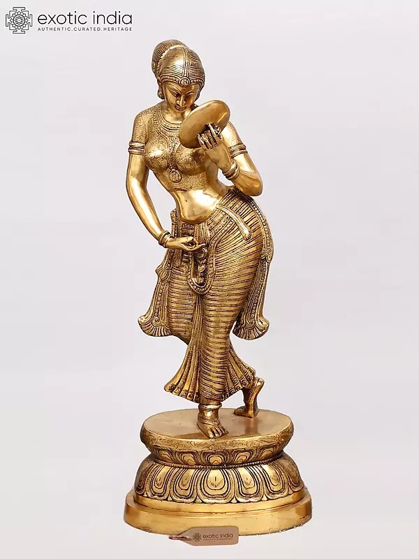 36" Lady with a Mirror (Apsara) in Brass | Handmade Artisan Crafted Idol