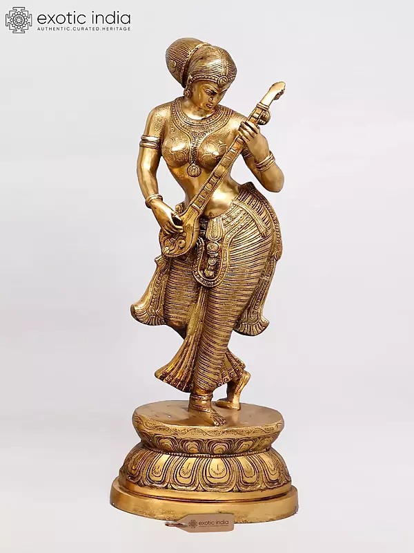 36" Large Size Apsara Playing Veena | Brass Statue | Handmade | Made in India