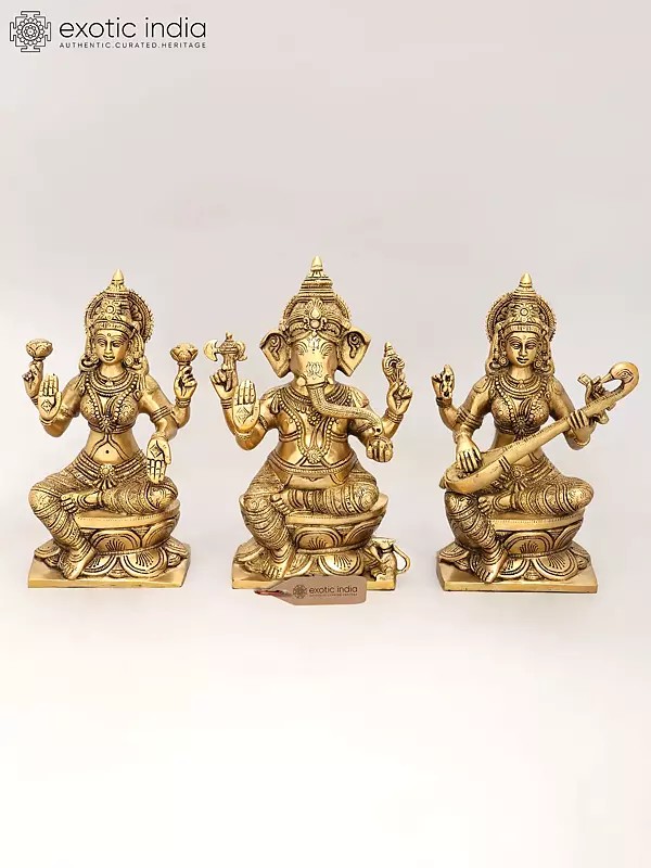 12" Lakshmi Ganesha Saraswati In Brass | Handmade | Made In India