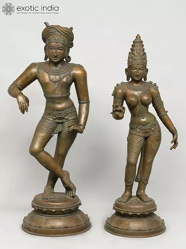 37" Large Vrishavahana Shiva with Parvati | Set of Two | Madhuchista Vidhana (Lost-Wax) | Panchaloha Bronze from Swamimalai