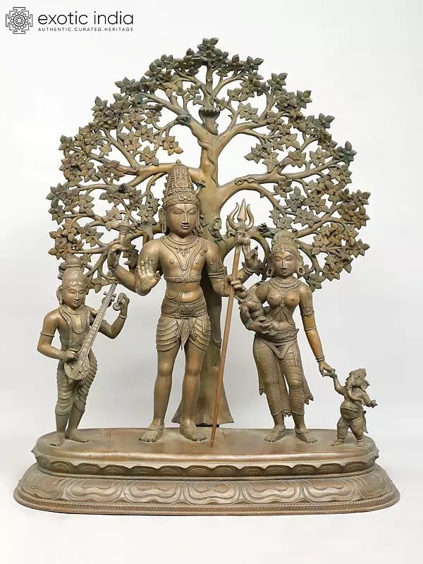 41" Large Size Shiva Family Standing Under the Tree | Madhuchista Vidhana (Lost-Wax) | Panchaloha Bronze from Swamimalai