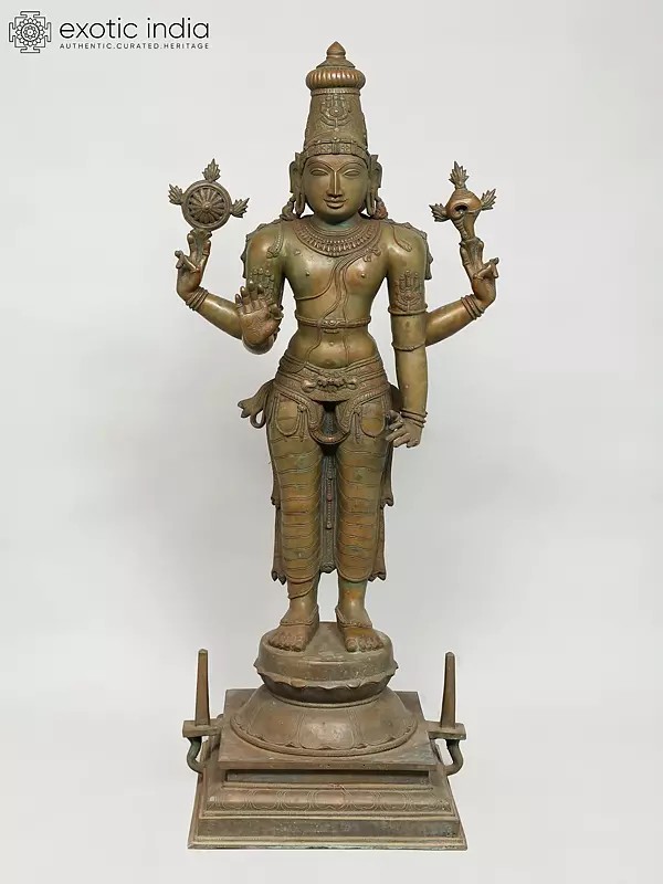 43" Large Standing Four-Armed Lord Vishnu | Madhuchista Vidhana (Lost-Wax) | Panchaloha Bronze from Swamimalai