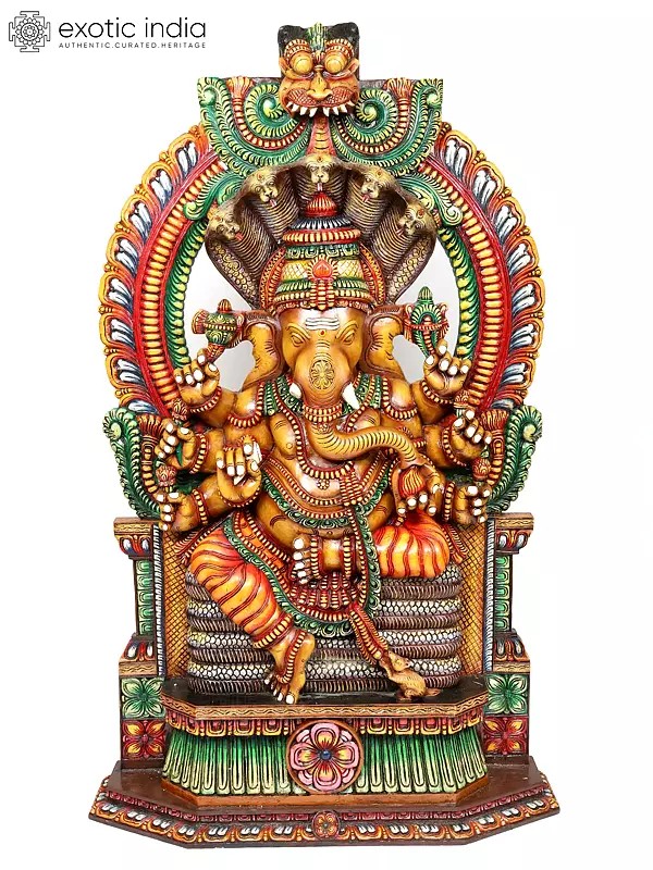 80" Large Size Eight Armed Lord Ganesha Seated on Kirtimukha Throne | Vaagai Wood Statue