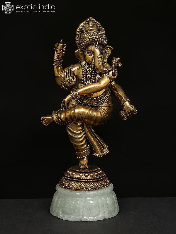 7" Superfine Brass Lord Ganesha Dancing on Jade Base