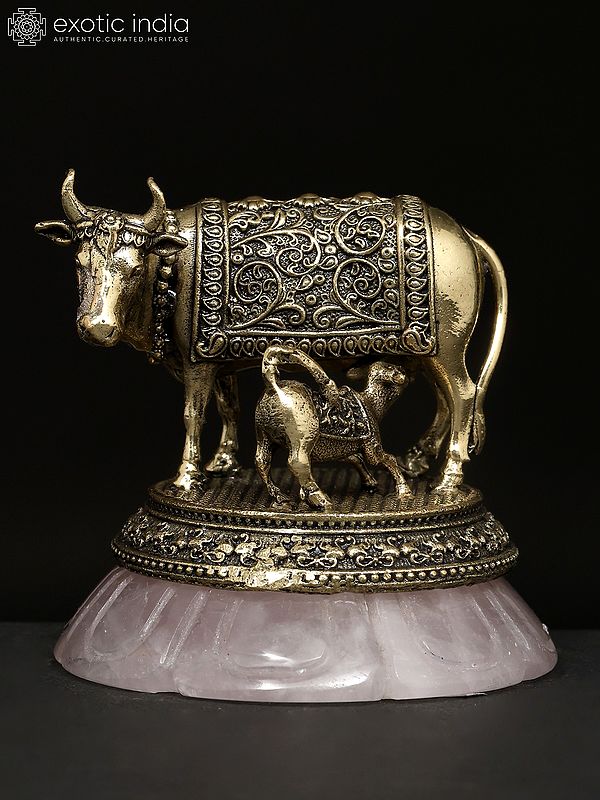 3" Small Brass Superfine Cow and Calf on Rose Quartz Gemstone Base