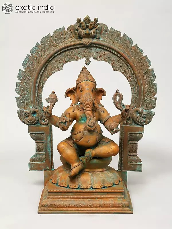 17" Four Armed Lord Ganesha Seated on Kirtimukha Throne | Madhuchista Vidhana (Lost-Wax) | Panchaloha Bronze from Swamimalai