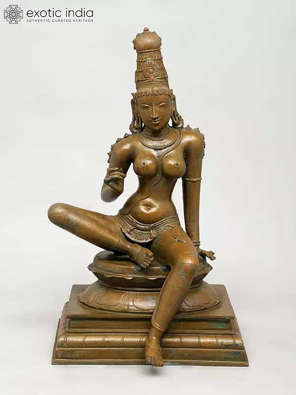 19" Superfine Sitting Goddess Parvati (Bhoga Shakti) | Madhuchista Vidhana (Lost-Wax) | Panchaloha Bronze from Swamimalai