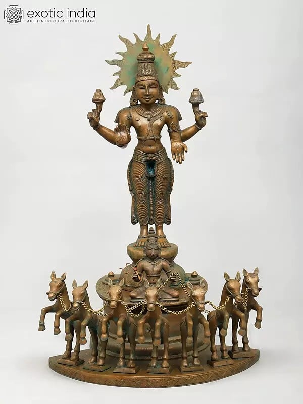 25" Lord Surya Standing on His Seven Horses Chariot | Madhuchista Vidhana (Lost-Wax) | Panchaloha Bronze from Swamimalai