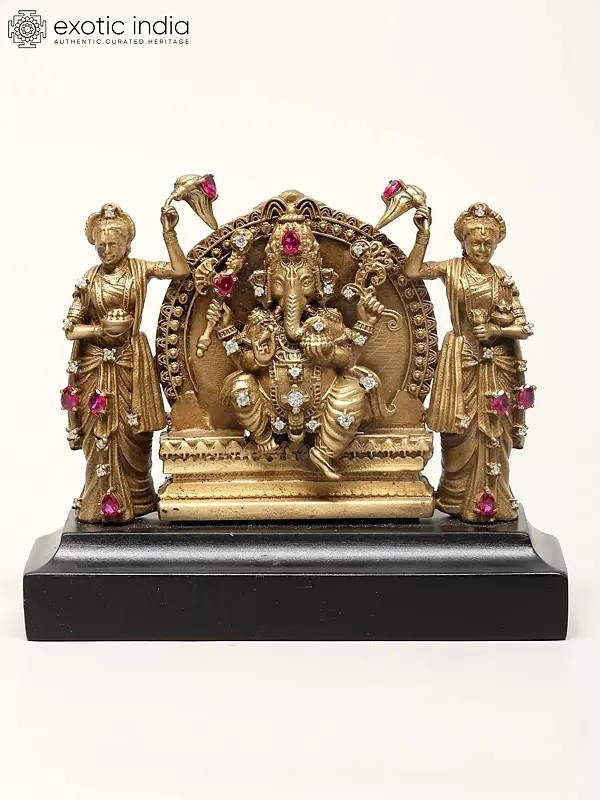 3" Small Seated Lord Ganapati With Riddhi And Siddhi | Brass Idol for Car Dashboard