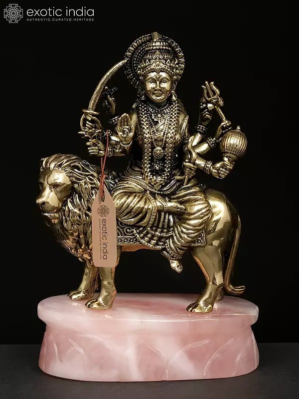 4" Small Goddess Durga (Sherawali Maa) with Rose Quartz Gemstone Base