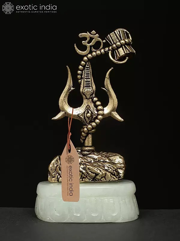 5" Small Brass Superfine Stylized Trishul on Green Aventurine Gemstone Base