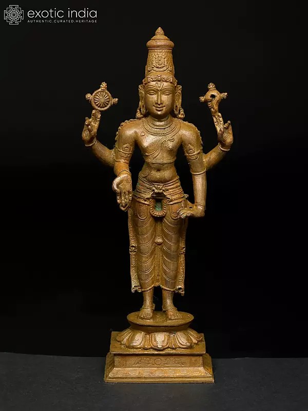 8" Four Armed Standing Lord Vishnu | Madhuchista Vidhana (Lost-Wax) | Panchaloha Bronze from Swamimalai