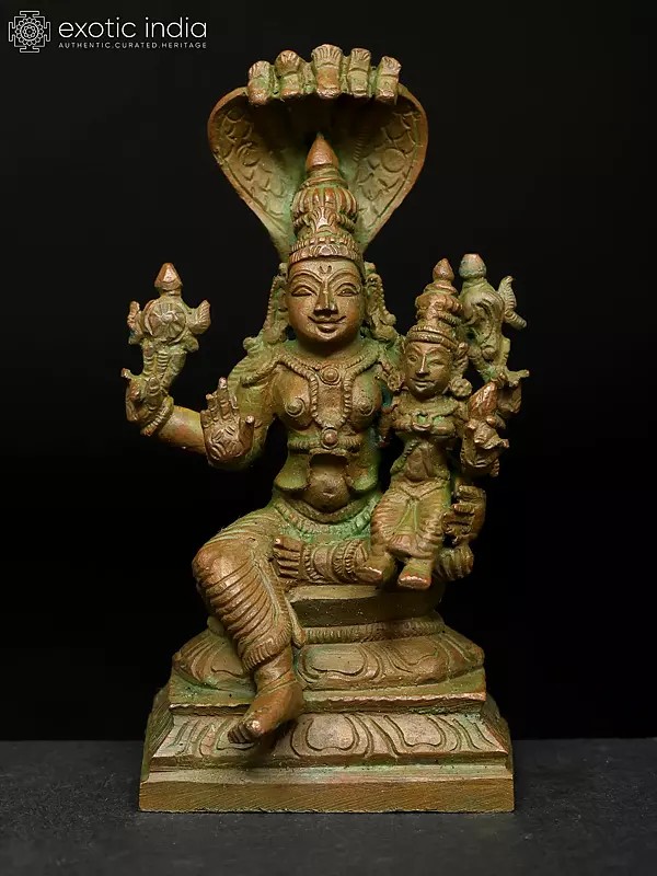 4" Small Sitting Lord Vishnu with Devi Lakshmi | Madhuchista Vidhana (Lost-Wax) | Panchaloha Bronze from Swamimalai