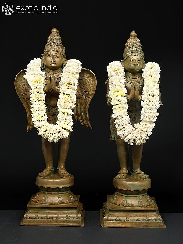 The Two Attendants of Lord Vishnu (Standing Garuda and Hanuman) | Set of 2  | Madhuchista Vidhana (Lost-Wax) | Panchaloha Bronze from Swamimalai