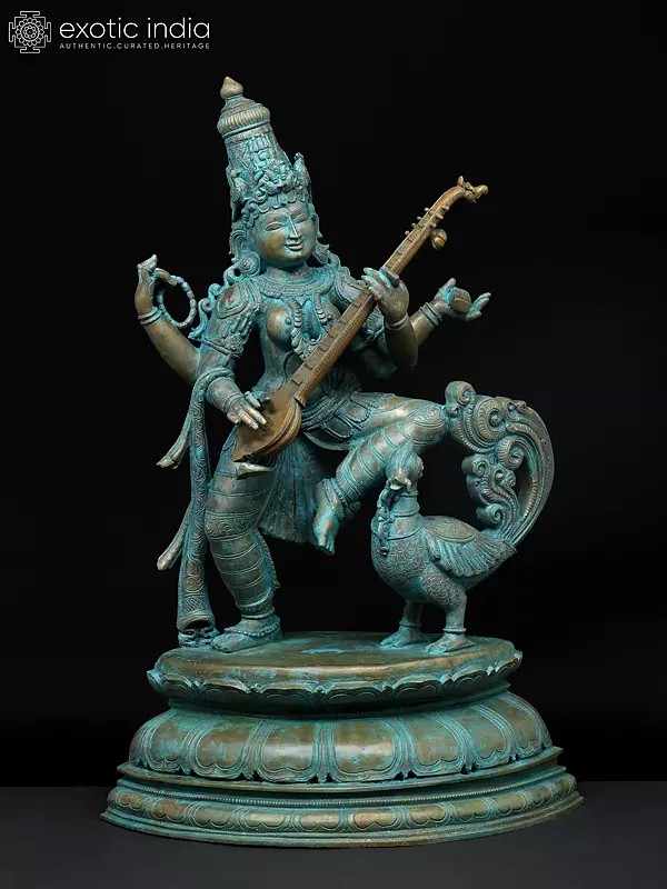 30" Large Goddess Saraswati Dancing and Playing Veena | Madhuchista Vidhana (Lost-Wax) | Panchaloha Bronze from Swamimalai