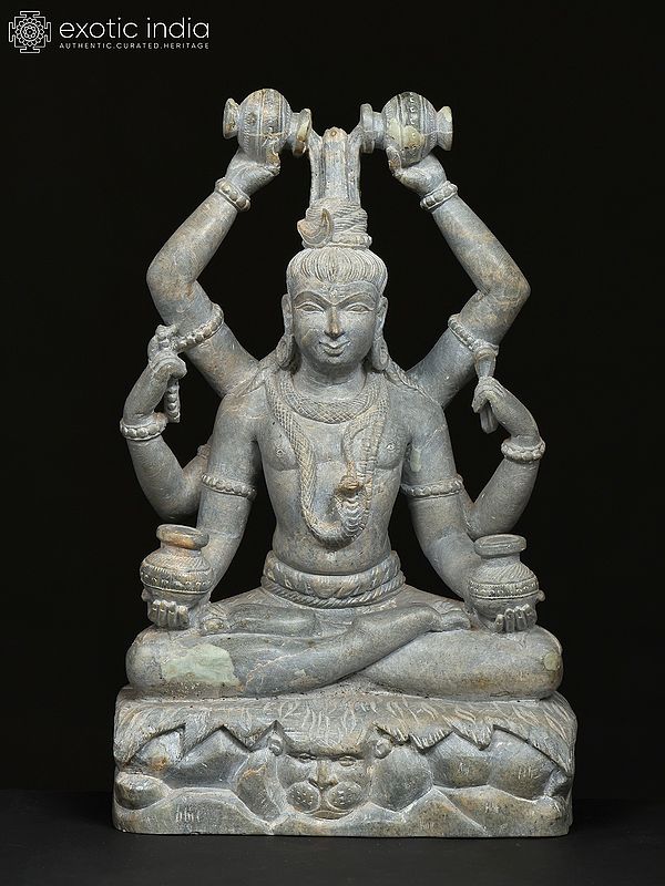 12" Six Armed Mahamrityunjaya Mahadev | Grey Stone Statue | Made In Orissa