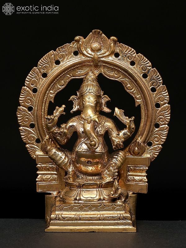 4" Small Four Armed Lord Ganesha Seated on Throne | Madhuchista Vidhana (Lost-Wax) | Panchaloha Bronze from Swamimalai