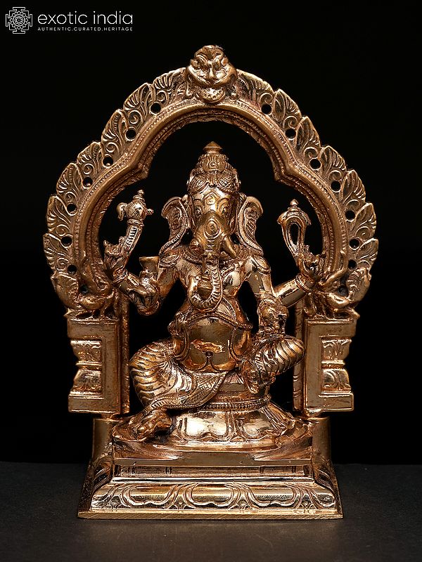5" Small Chaturbhuja Lord Ganesha Seated on Kirtimukha Throne | Madhuchista Vidhana (Lost-Wax) | Panchaloha Bronze from Swamimalai