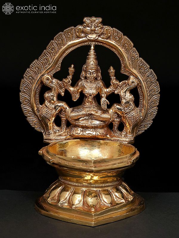 8" Gajalakshmi Lamp | Madhuchista Vidhana (Lost-Wax) | Panchaloha Bronze from Swamimalai