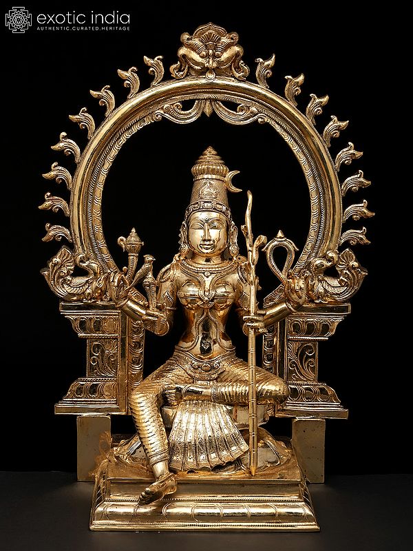 21" Goddess Rajarajeshvari Seated on Kirtimukha Throne | Madhuchista Vidhana (Lost-Wax) | Panchaloha Bronze from Swamimalai