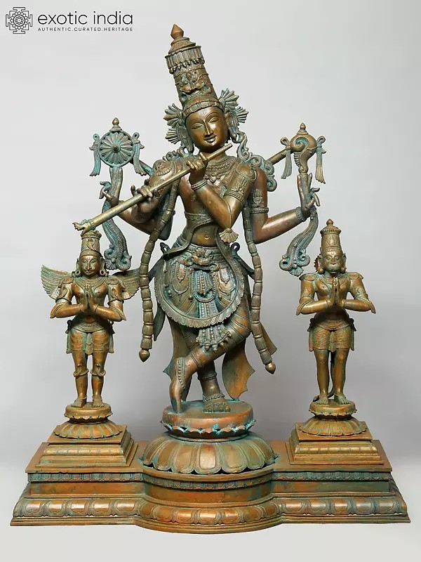 45" Large Standing Venugopal Krishna with Garuda and Hanuman | Madhuchista Vidhana (Lost-Wax) | Panchaloha Bronze from Swamimalai