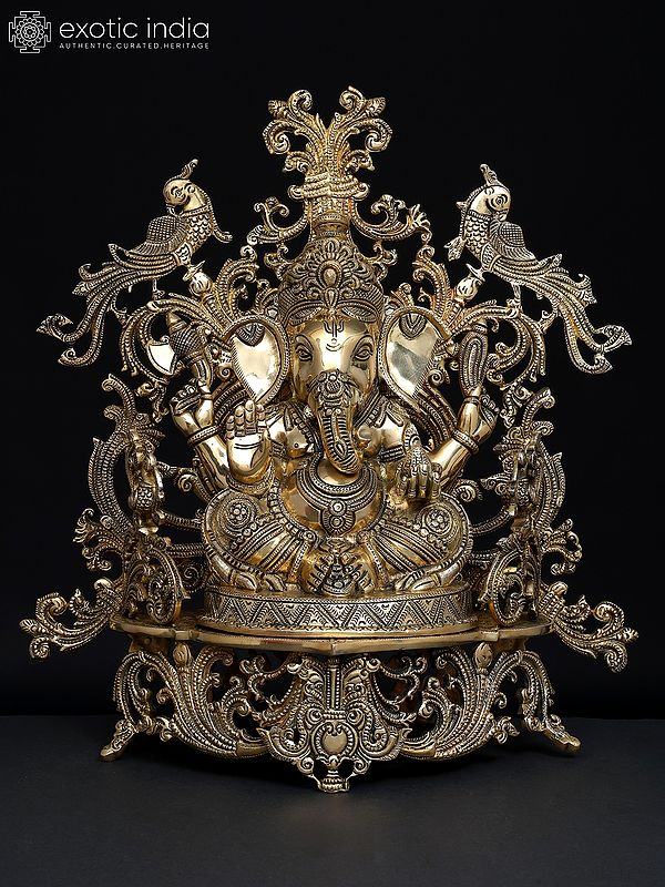 17" Fine Blessing Lord Ganesha Seated on Beautiful Throne | Brass Statue