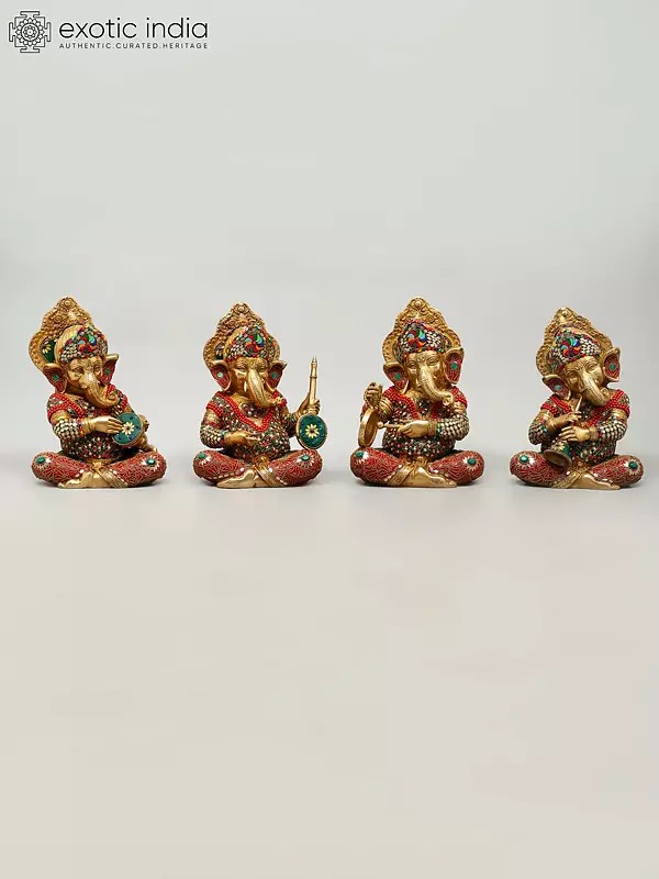 12" Set of Four Musical Ganesha | Brass Statues with Inlay Work