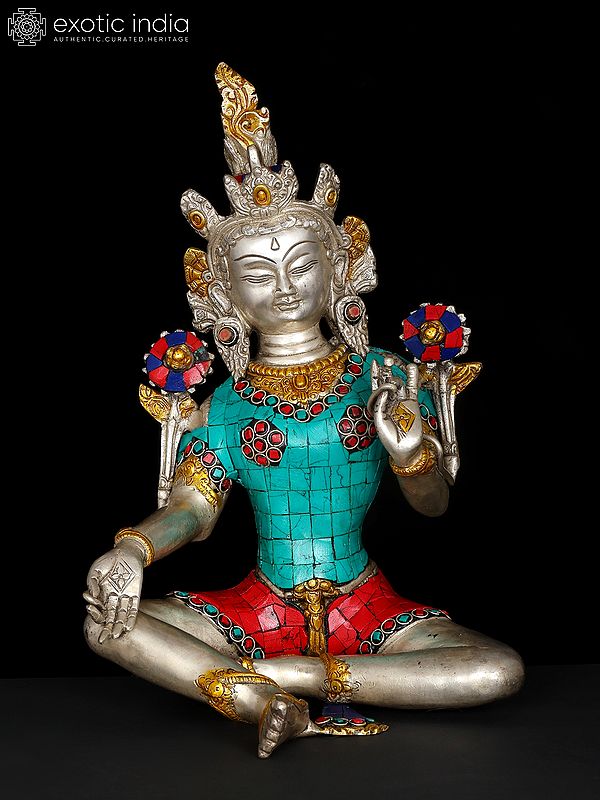 10" Tibetan Buddhist Goddesss Green Tara | Brass Statue with Inlay Work