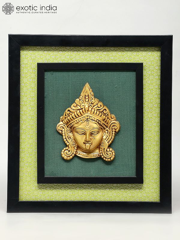 14" Wood Framed Goddess Durga Statue in Brass | Wall Hanging