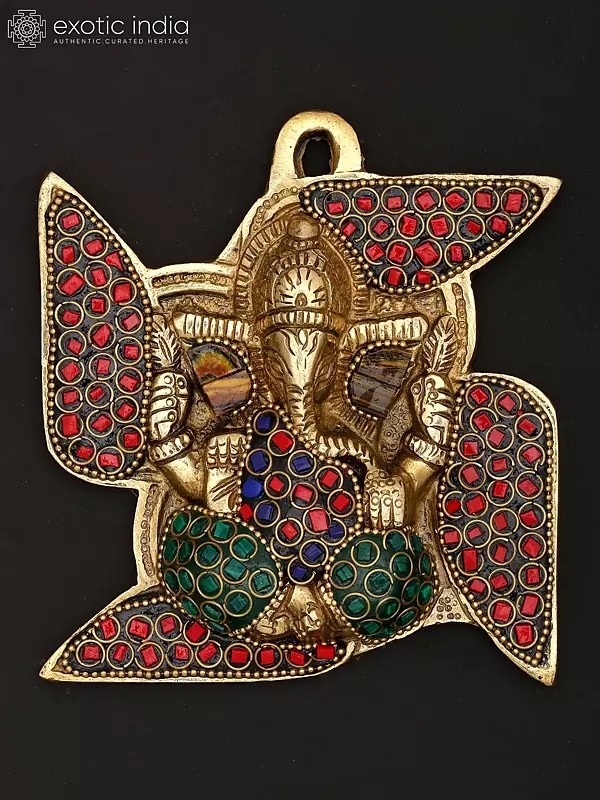 5" Small Blessing Lord Ganesha on Swastik | Wall Hanging | Brass Statue with Inlay Work