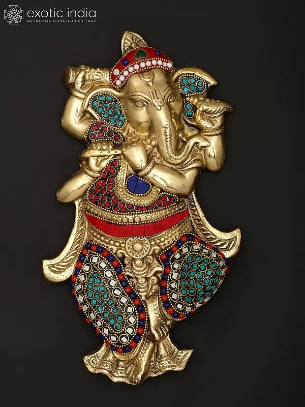 10" Small Lord Ganesha Dancing and Playing Flute | Wall Hanging | Brass Statue with Inlay Work