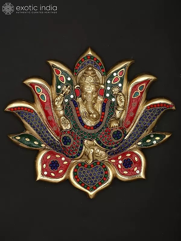 10" Bhagawan Ganesha on Lotus | Wall Hanging | Brass Statue with Inlay Work