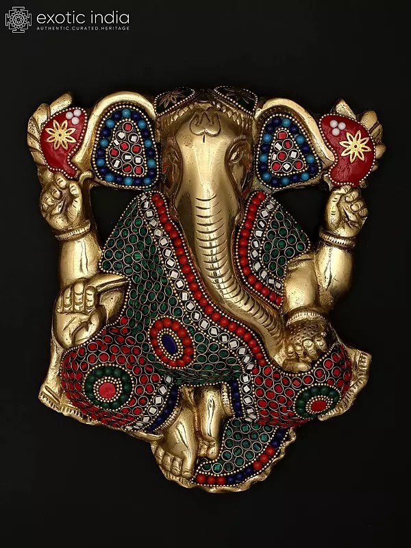 9" Chaturbhuja Lord Ganesha | Wall Hanging | Brass Statue with Inlay Work