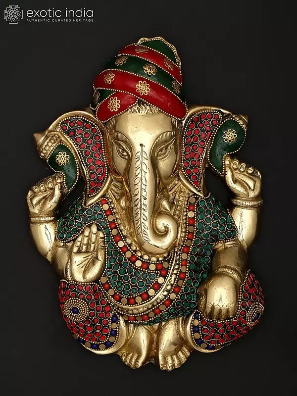 10" Pagadi Ganesha | Wall Hanging | Brass Statue with Inlay Work
