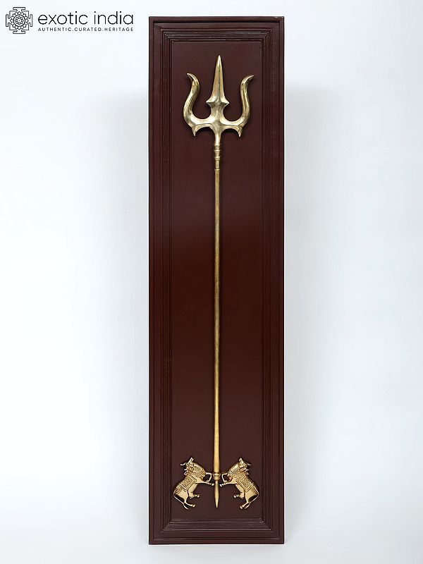 55" Pair of Kamadhenu Cow with Trishul | Wood Framed Brass Sculpture | Wall Hanging