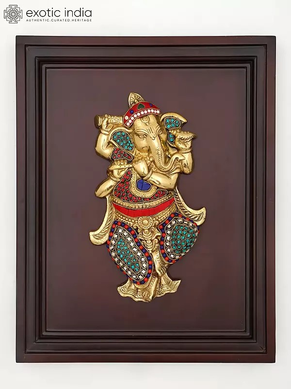 16" Lord Ganesha Dancing and Playing Flute | Wood Framed Brass Sculpture with Inlay Work | Wall Hanging