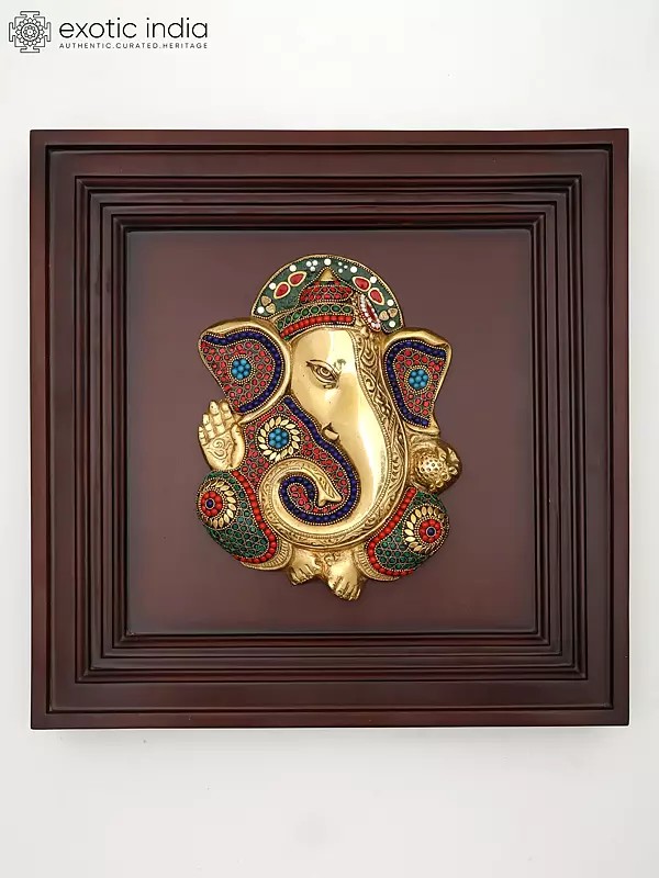 16" Brass Blessing Lord Ganesha with Inlay Work | Wood Framed Sculpture | Wall Hanging
