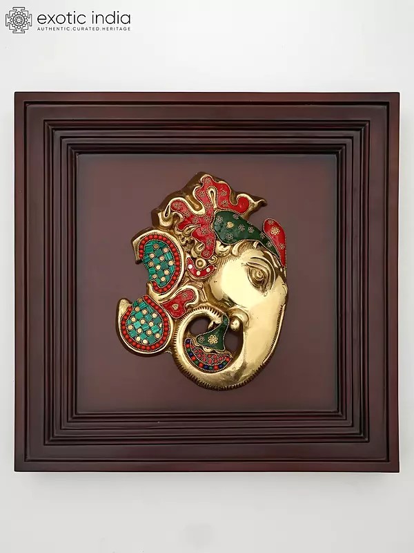 16" Brass Stylized Lord Ganesha with Inlay Work | Wood Framed Sculpture | Wall Hanging