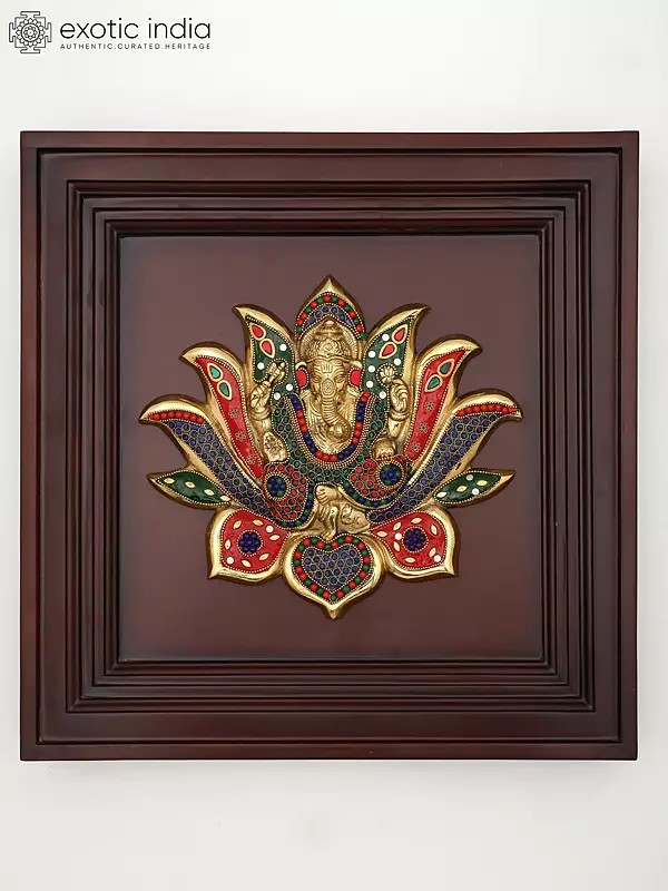 16" Brass Lotus Ganesha with Inlay Work | Wood Framed Sculpture | Wall Hanging