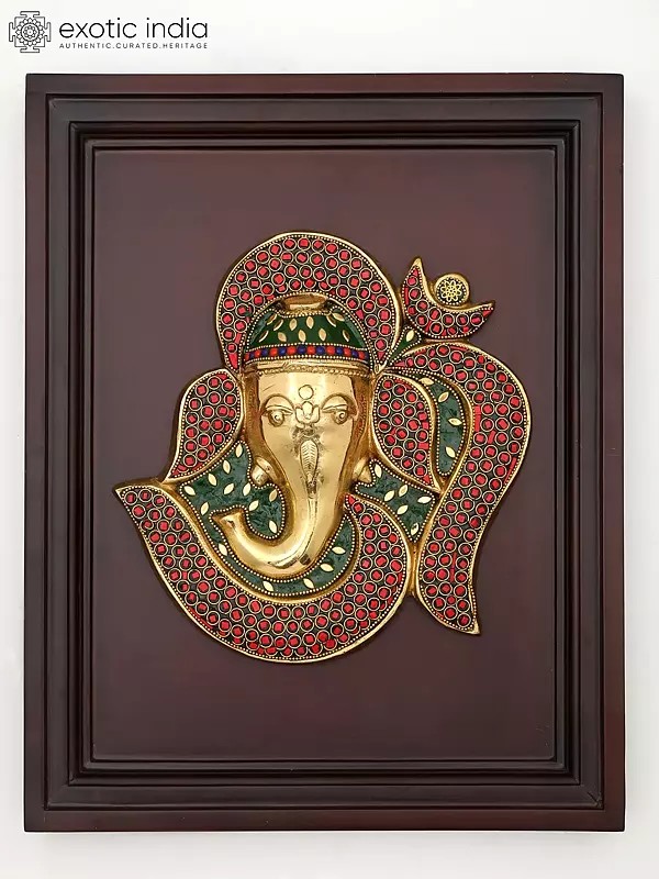 16" Brass Om Ganesha with Inlay Work | Wood Framed Sculpture | Wall Hanging