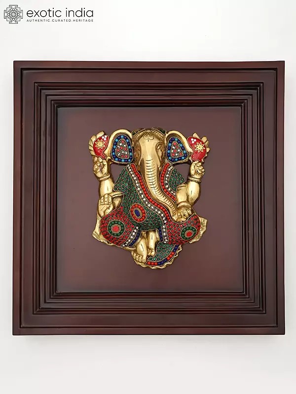 16" Chaturbhuja Lord Ganesha | Wood Framed Brass Sculpture with Inlay Work | Wall Hanging