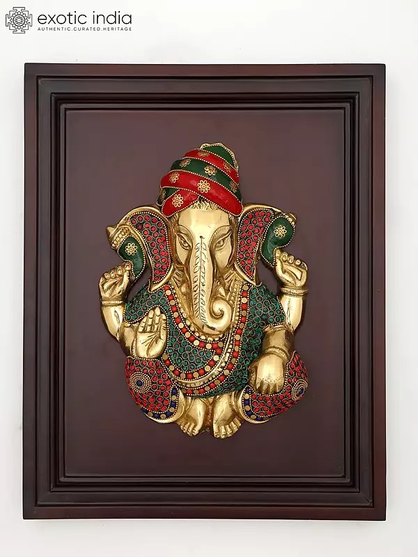 16" Brass Lord Ganapati with Inlay Work | Wall Hanging | Wood Framed Sculpture