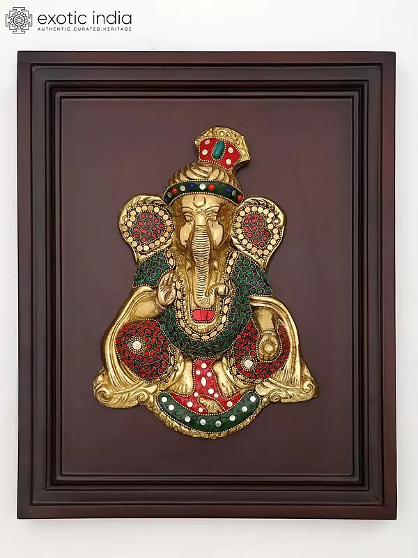 16" Blessing Pagadi Ganesha | Wall Hanging | Wood Framed Brass Sculpture with Inlay Work