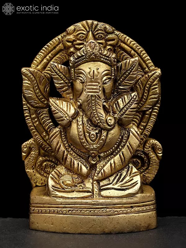 4" Small Leaves Ganesha on Kirtimukha Throne | Brass Statue