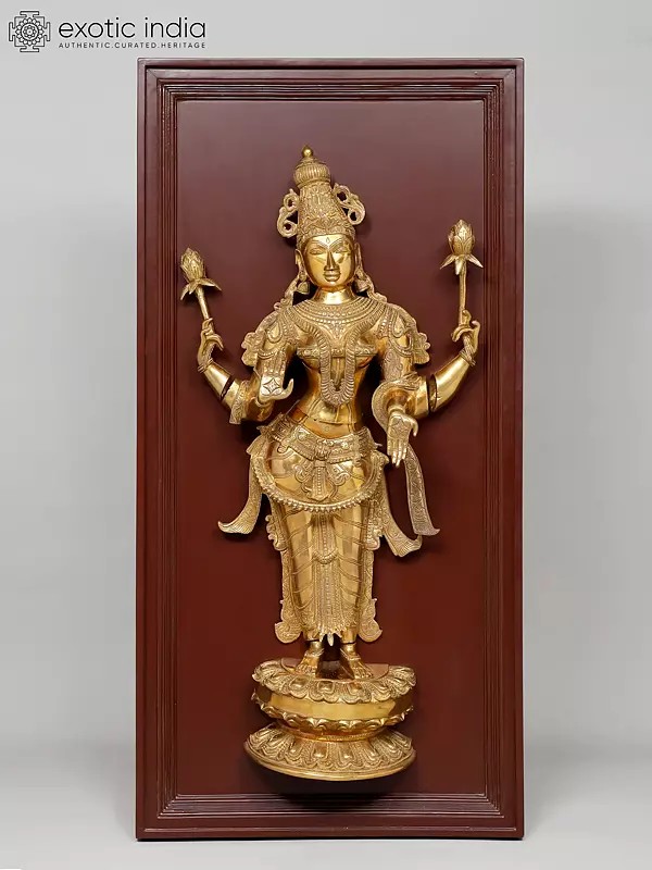 48" Large Four Armed Standing Goddess Lakshmi | Wood Framed Brass Sculpture | Wall Hanging