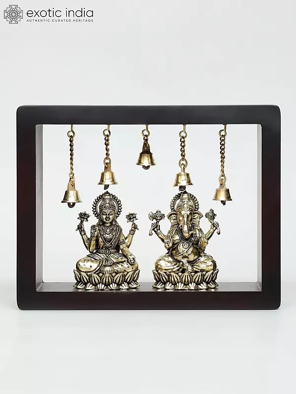 9" Superfine Sitting Lakshmi - Ganesha | Wood Framed Brass Sculptures | Wall Hanging
